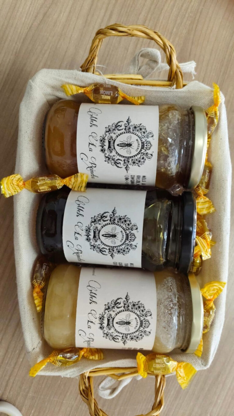 Frascos de miel artesanal de Mels La Reineta con etiquetas personalizadas de miel de limón, miel de romero y miel de azahar, en una cesta con envoltura decorativa.